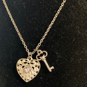 Delicate Silver-tone Heart and Key Charm Necklace -